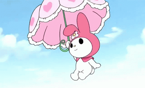My Melody floating in the sky holding onto a pink umbrella with heart and frills on the end